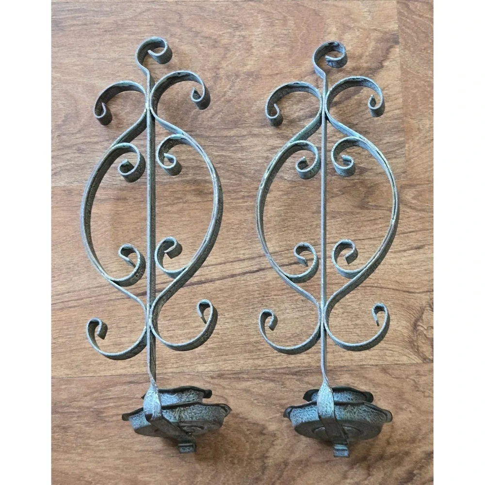 Vintage Wall Sconce‎ Candle Holders Set Scrollwork Rustic Bronze Metal Farmhouse